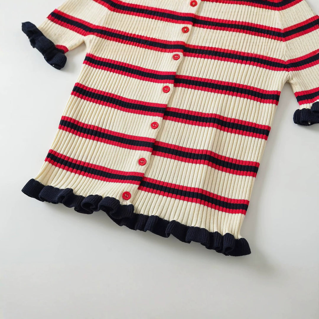 Damen Gerippte Kurzarm-Polokragen-Strickjacke mit Volantbündchen Echo Archiv