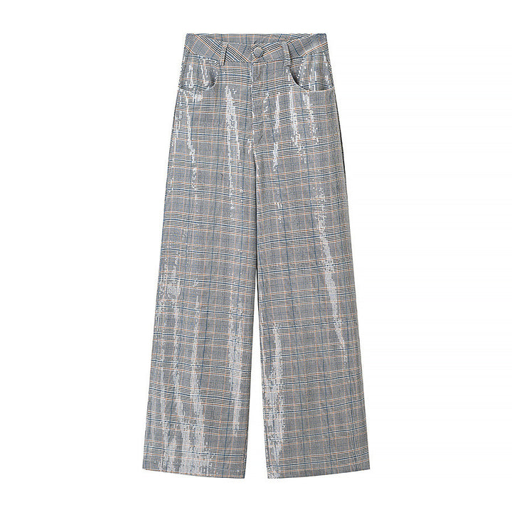 Damen Zweiteiliges Glencheck-Blazer- und Weite-Hosen-Set mit metallischem Glanz Echo Archiv