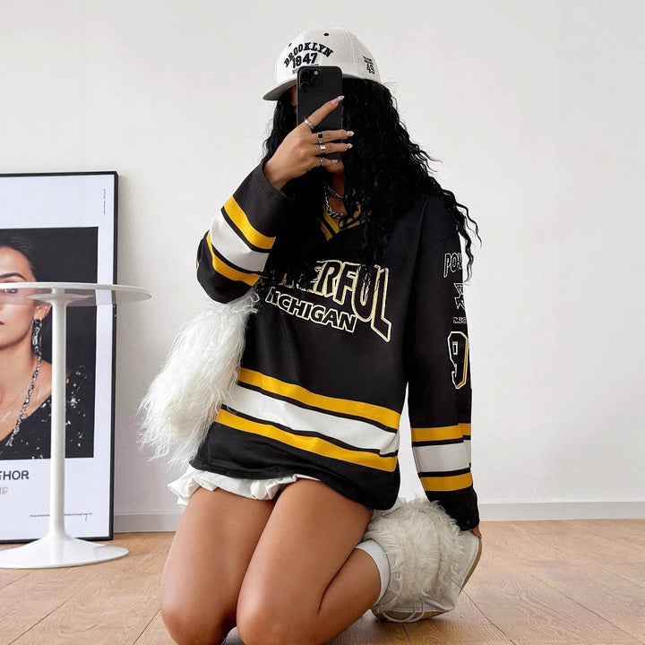 Damen Lässiges Oversized-Sweatshirt im Hockey-Look mit V-Ausschnitt und Blockstreifen – Avérine