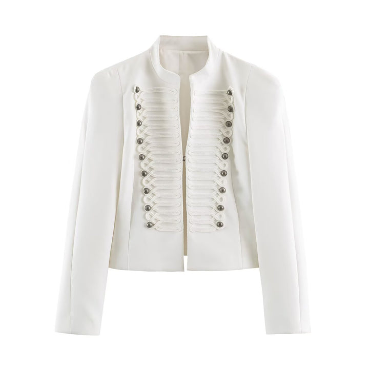 Damen Kurzschnitt Militärblazer mit Stehkragen, Zierkordeln und strukturierter Silhouette Echoarchiv