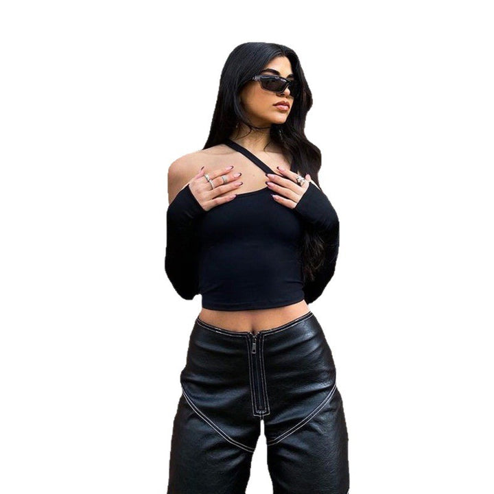 Damen Asymmetrisches Crop-Top mit langen Ärmeln Echo Archiv