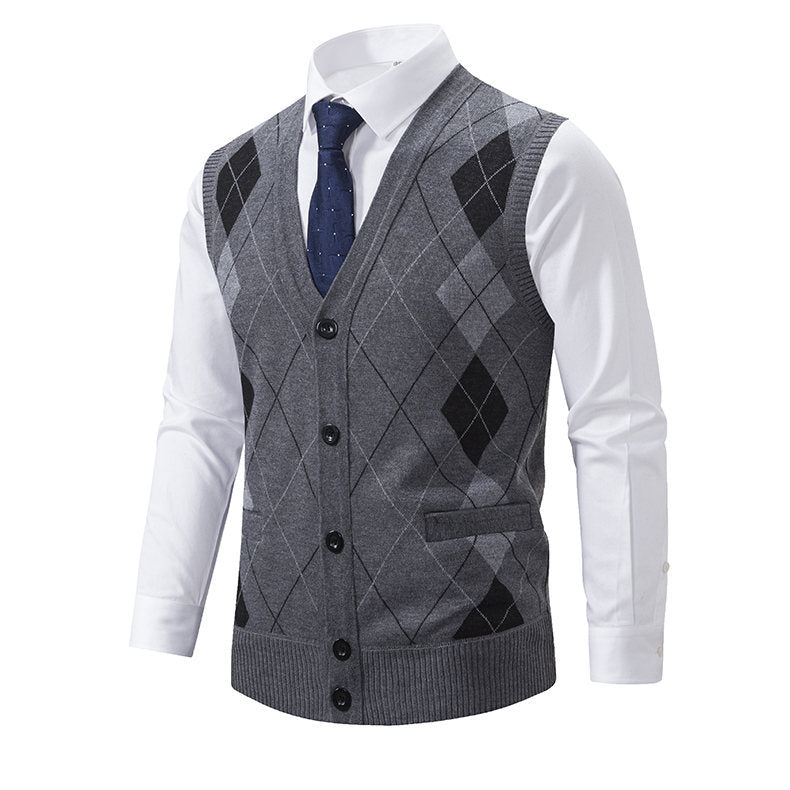 Herren elegante Strickweste mit modernem Rautenmuster und praktischen Taschen Echoarchiv