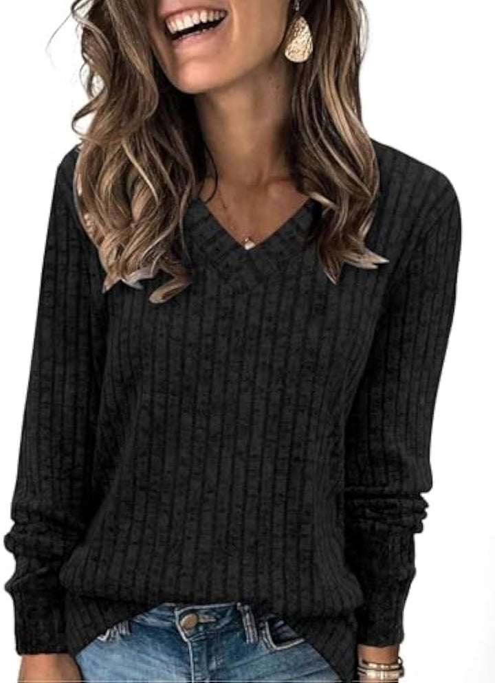 Damen gerippter V‑Ausschnitt Feinstrickpullover mit längerem Arm – Mavelle