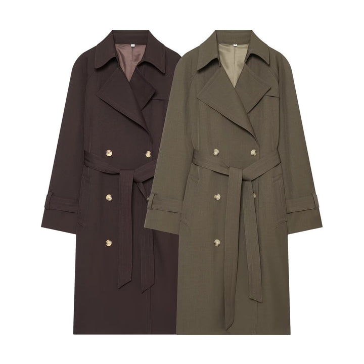 Damen Longline Doppelreihiger Trenchcoat mit Taillengürtel, Ziernähten und Umlegekragen Echo Archiv