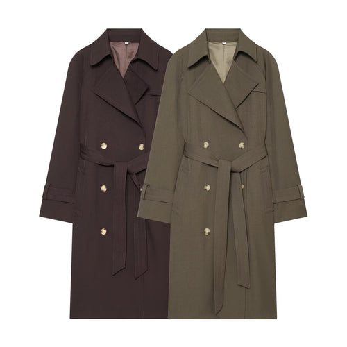 Damen Longline Doppelreihiger Trenchcoat mit Taillengürtel, Ziernähten und Umlegekragen Echo Archiv