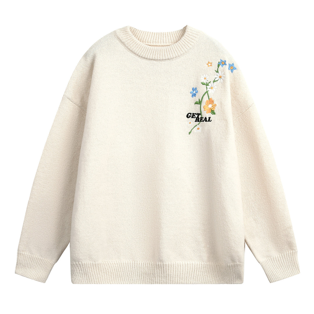 Damen Weit geschnittener Rundhals‑Strickpullover mit floraler Stickerei Echo Archiv