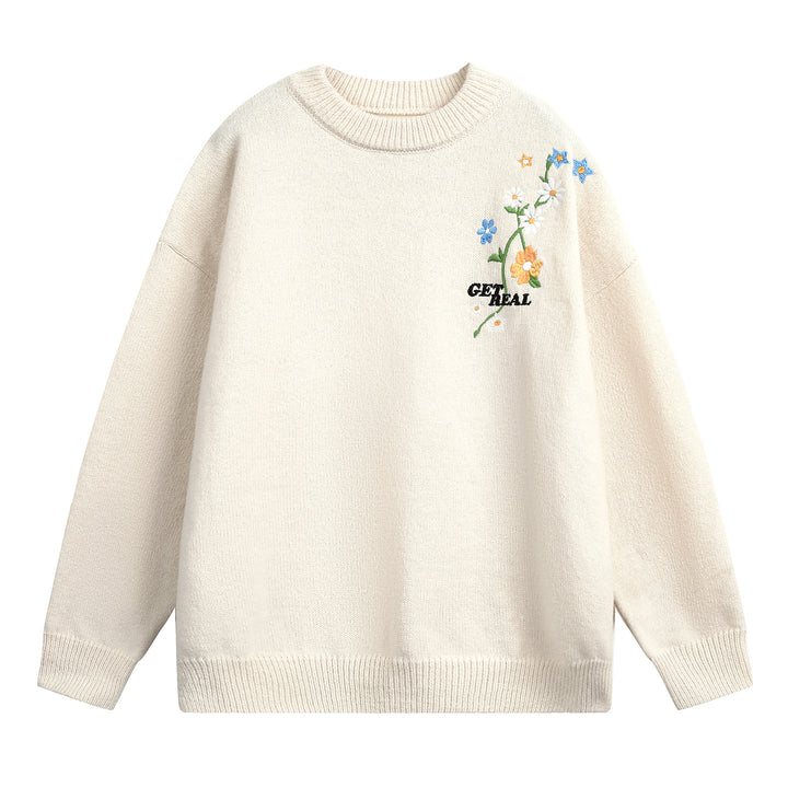 Damen Weit geschnittener Rundhals‑Strickpullover mit floraler Stickerei Echo Archiv