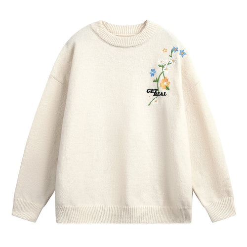 Damen Weit geschnittener Rundhals‑Strickpullover mit floraler Stickerei Echo Archiv