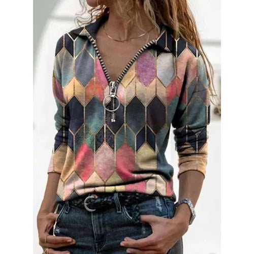 Damen Zip-Pullover mit Polokragen, grafischem Rautenprint und schmaler Passform Echo Archiv