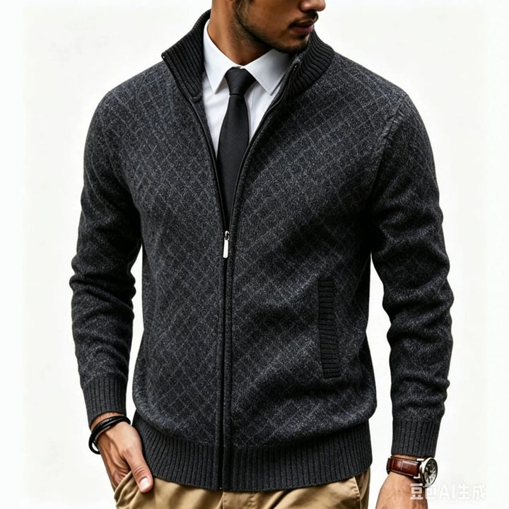 Herren Strukturierte Strickjacke mit Stehkragen und Diamant-Jacquard Echo Archiv