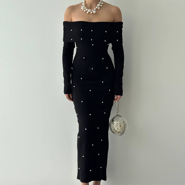 Damen schulterfreies Maxikleid mit eleganter Perlenverzierung und figurbetontem Schnitt Echo Archiv