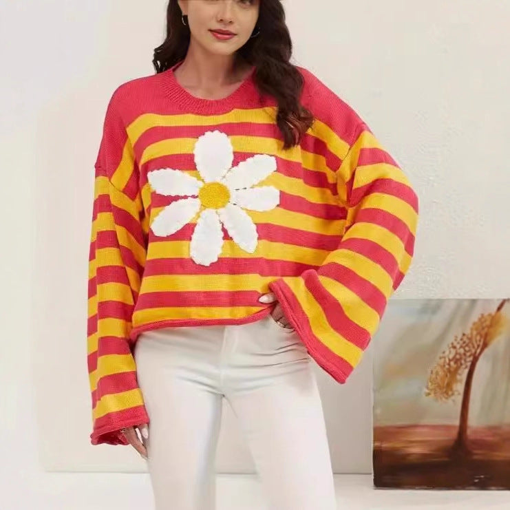 Damen Modischer gestreifter Crop-Pullover mit Blumenmuster – Mavelle