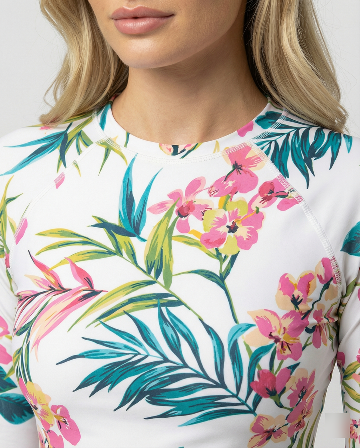 Damen Sportlicher Rashguard-Bikini-Set mit langem Arm und floralem Design Echoarchiv