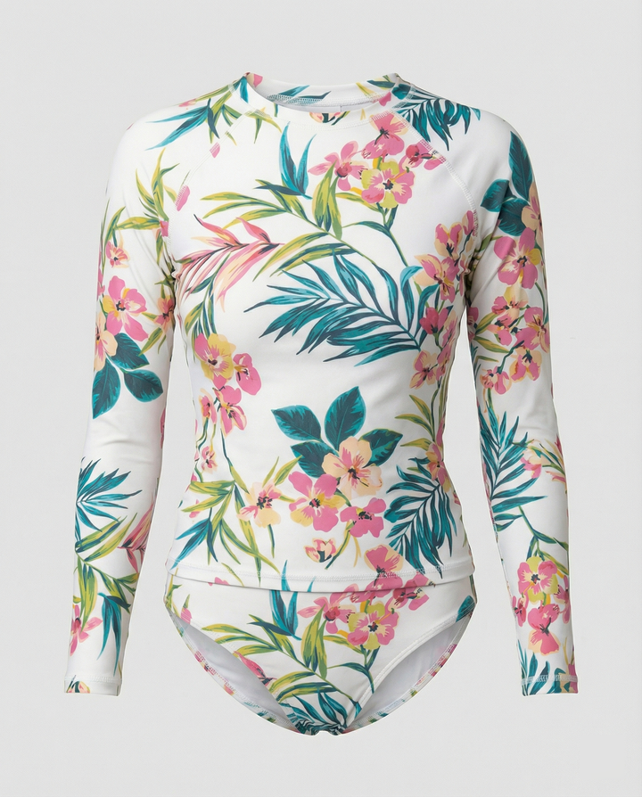 Damen Sportlicher Rashguard-Bikini-Set mit langem Arm und floralem Design Echoarchiv