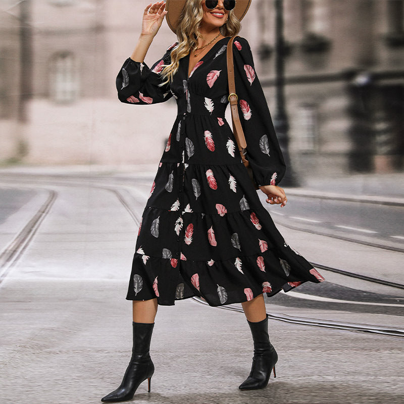 Damen Langarm Kleid mit Federprint Echo Archiv