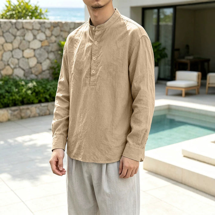 Herren Leinen-Mix Langarmshirt Henley mit Stehkragen Echoarchiv