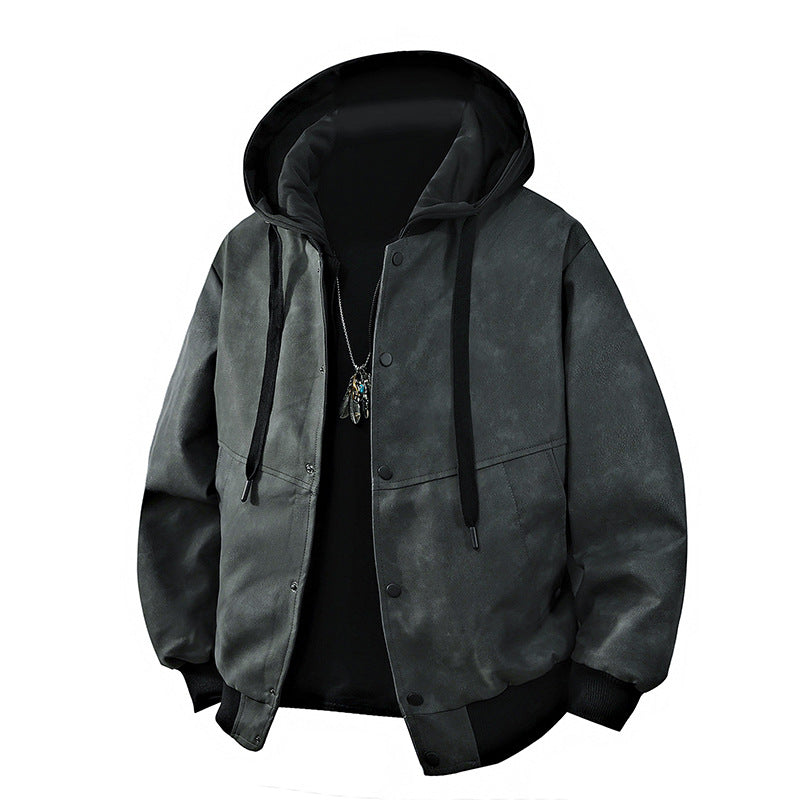 Herren Veloursleder‑Optik Kapuzenjacke mit Druckknopfblende, Oversize‑Schnitt & gerippten Bündchen Echoarchiv