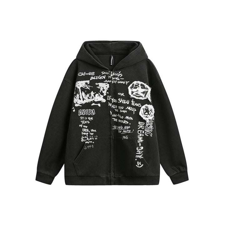 Unisex Oversize-Kapuzenzipjacke mit künstlerischem Schriftprint Echoarchiv