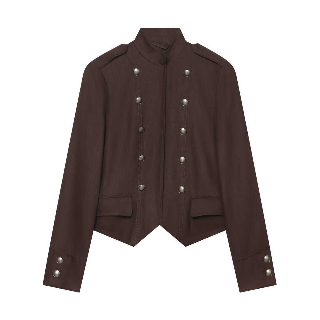 Damen Kurze militärisch-inspirierte Doppelreihige Jacke mit Stehkragen und Pattentaschen Echoarchiv