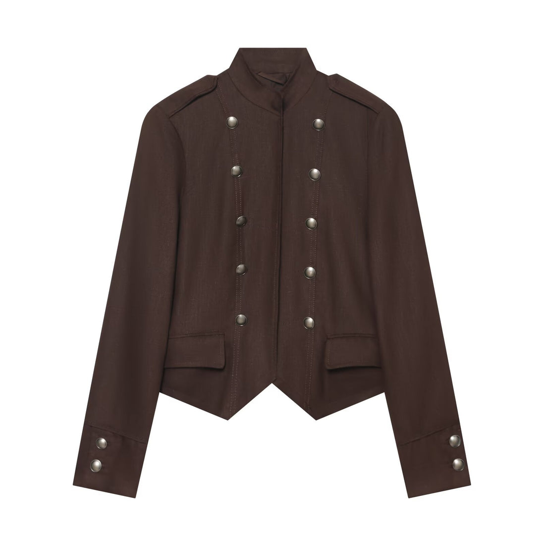 Damen Kurze militärisch-inspirierte Doppelreihige Jacke mit Stehkragen und Pattentaschen Echoarchiv