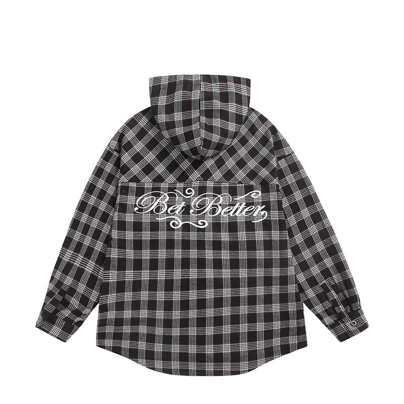 Unisex Kariertes Kapuzen-Overshirt aus Flanell mit Logostickerei und Oversize-Schnitt Echoarchiv