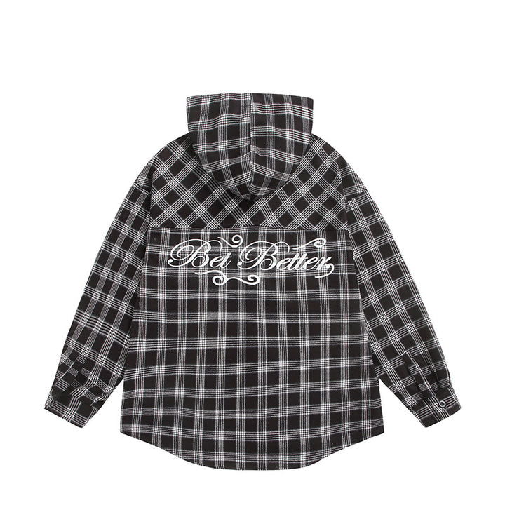 Unisex Kariertes Kapuzen-Overshirt aus Flanell mit Logostickerei und Oversize-Schnitt Echoarchiv