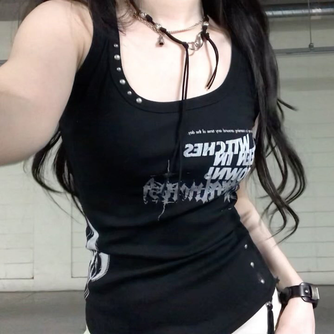 Damen Trendiges Oversized Tanktop mit auffälligem Grafikdruck und Rüschen Echo Archiv