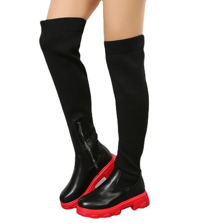 Damen Overknee-Stiefel mit zweifarbiger Plateau-Lugsohle und geripptem Strickschaft – Lioré