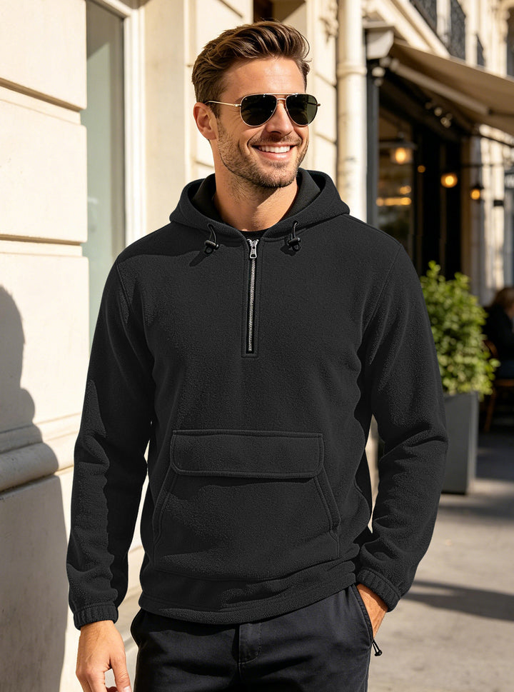 Herren Fleece-Hoodie mit halbem Reißverschluss, Kängurutasche und verstellbarer Kapuze – Cavarno