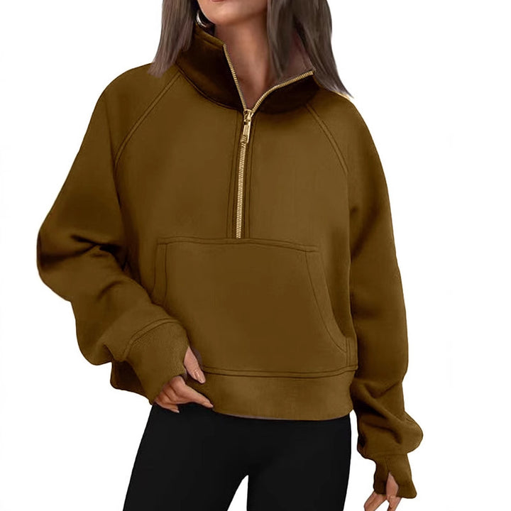 Damen nan kurzer Halfzip-Sweater mit hohem Stehkragen, Kängurutasche und verlängerten Daumenlöchern Echo Archiv