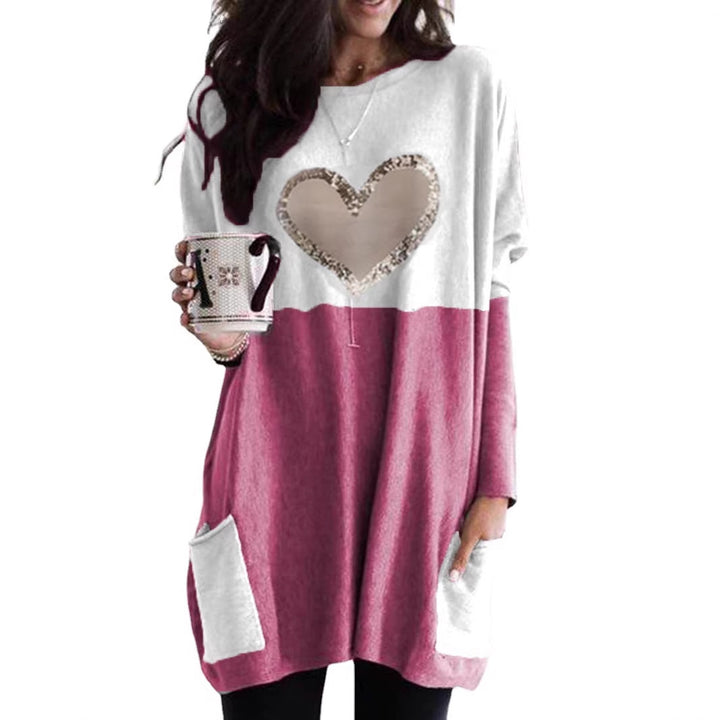 Damen Oversized Lange Pullover Tunika mit Pailletten-Herz und aufgesetzten Taschen Echoarchiv