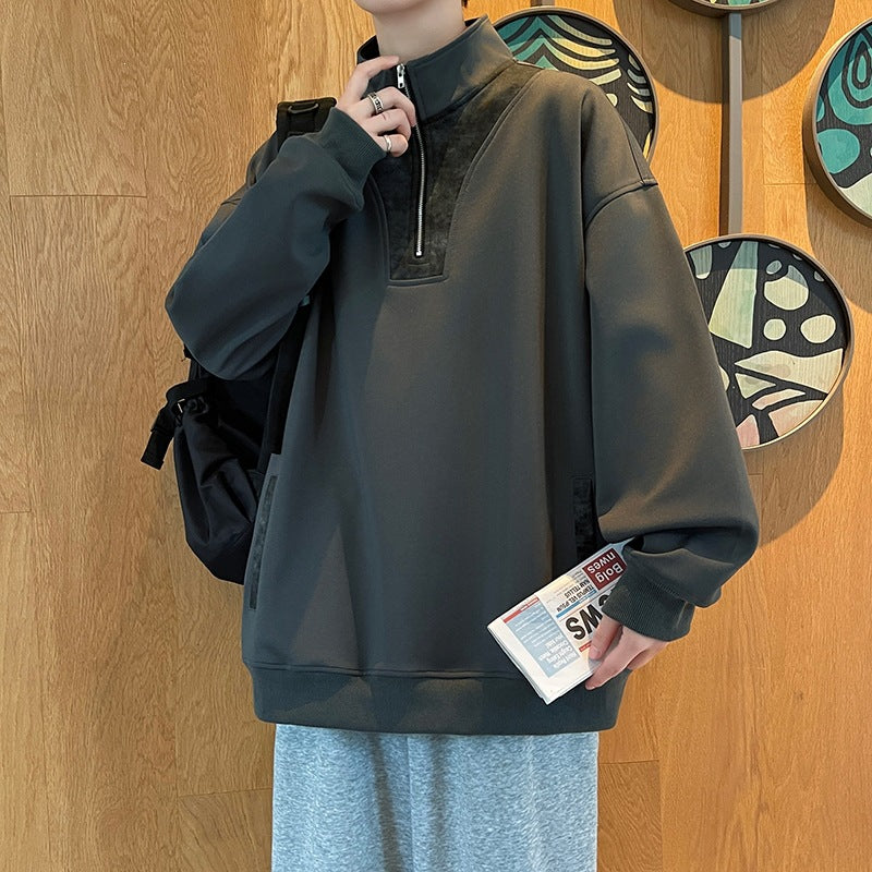 Herren Oversize Stehkragen-Halbzip-Sweatshirt mit Kängurutasche & Kontrast-Innenblende Echoarchiv