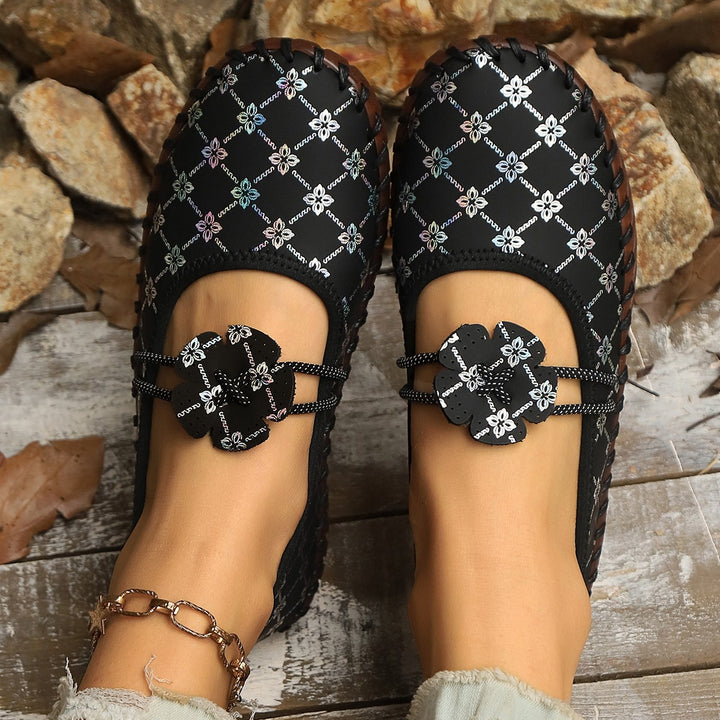 Damen nan flache Mokassin-Ballerina mit Paisley-Laserprint elastischem Kordelverschluss handgenähter Rahmennaht und flexibler profilter Laufsohle Echo Archiv