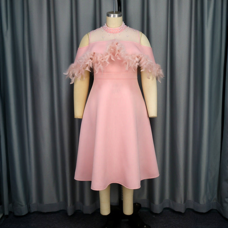 Damen elegantes Kleid mit transparenten Puffärmeln und dekorativen Federdetails Echo Archiv