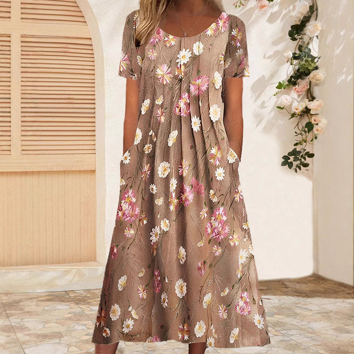 Damen nan Blumenswing-Midikleid mit Rundhalsausschnitt, Eingrifftaschen und strukturierter Crêpe-Qualität Echo Archiv