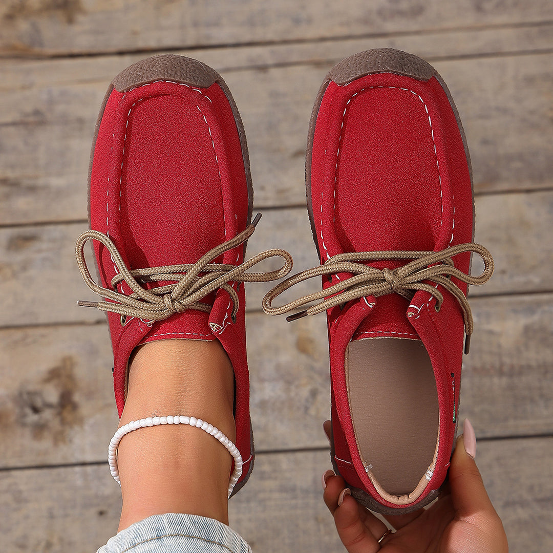 Damen lässige Mokassin-Slipper aus Veloursimitat mit dekorativer Ziernaht, elastischer Schnürung und flexibler Gummisohle – Lioré