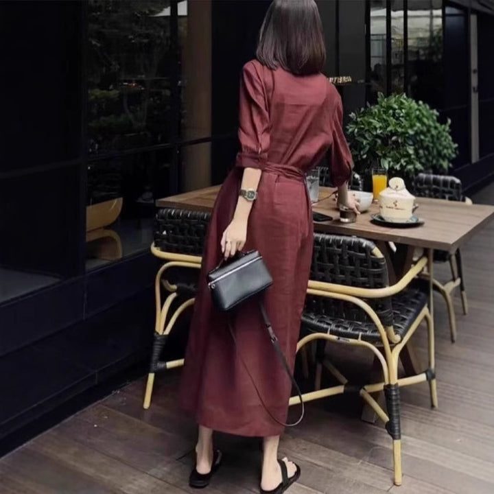 Damen Leichter Culotte-Jumpsuit mit Stehkragen, 3/4-Ärmeln und Taillengürtel – Solévia