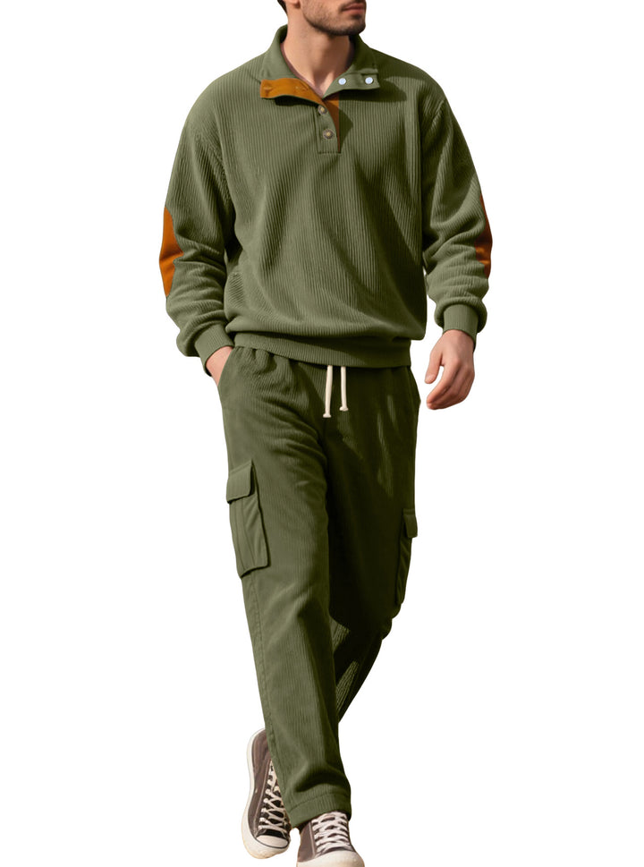 Herren nan strukturierter Troyer-Pullover mit Stehkragen Druckknopfleiste und Velours-Ellenbogenpatch Echo Archiv