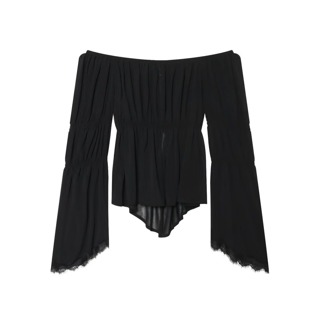 Damen Schulterfreies Chiffon-Top mit Carmen-Ausschnitt, geraffter Taille und voluminösen Volantärmeln Echoarchiv