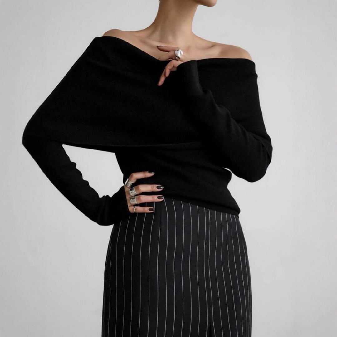 Damen schulterfreier Feinstrick-Pullover mit umlegbarem Carmenkragen Echo Archiv