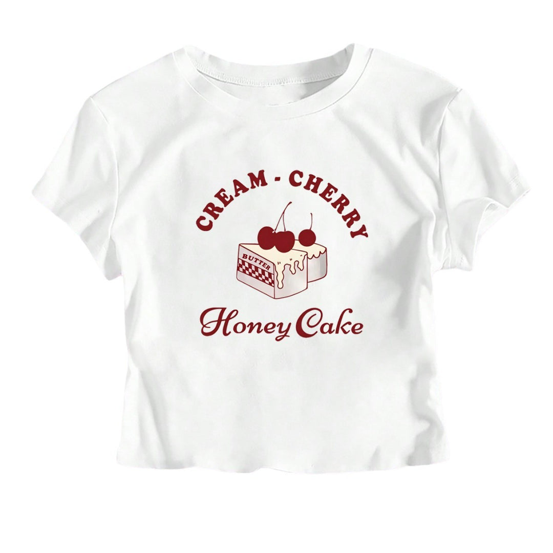 Damen Crop-T-Shirt mit kreativem Dessert-Motiv und modernem Schnitt Echo Archiv