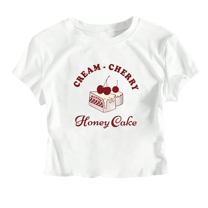 Damen Crop-T-Shirt mit kreativem Dessert-Motiv und modernem Schnitt Echo Archiv