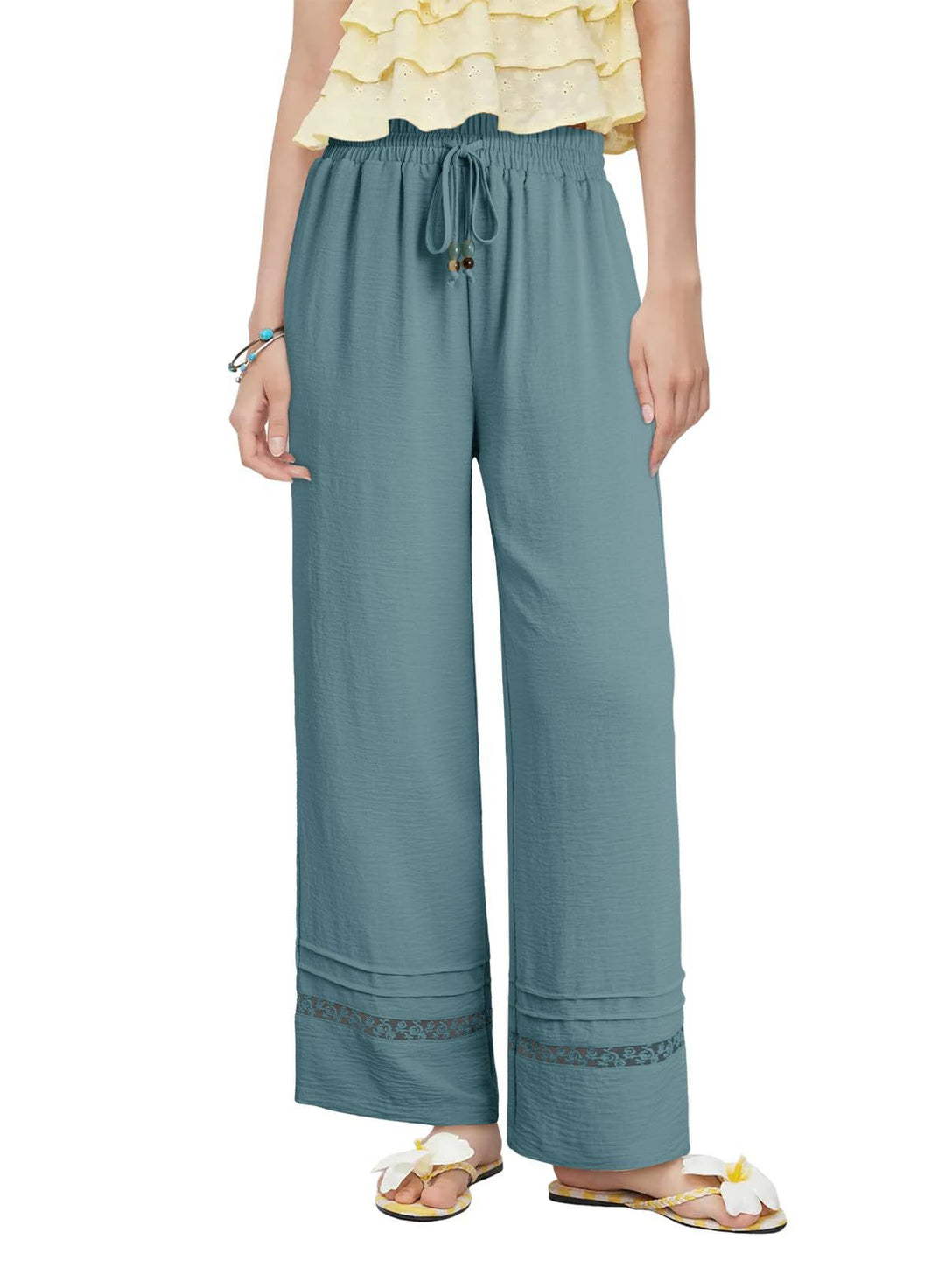 Damen Weite Leinenoptik-Hose mit hohem Gummibund, Bindekordel und Spitzeneinsatz Echo Archiv