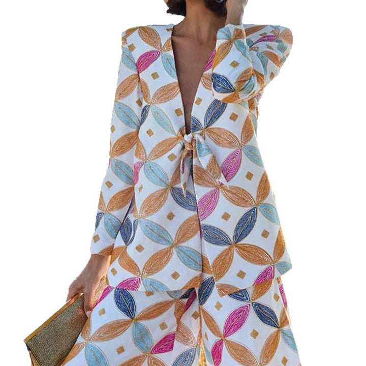 Damen Zweiteiliger Jacquard-Anzug mit Taillenschleife und weitem Bein Echoarchiv