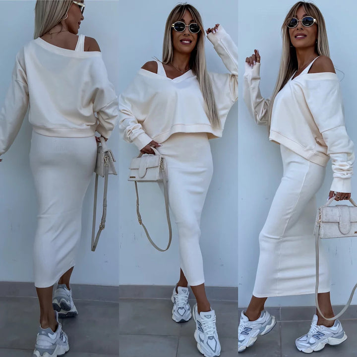 Damen weiches geripptes Lounge-Set mit Oversize-Viskoseshirt und High-Waist Schlaghose – Élanora