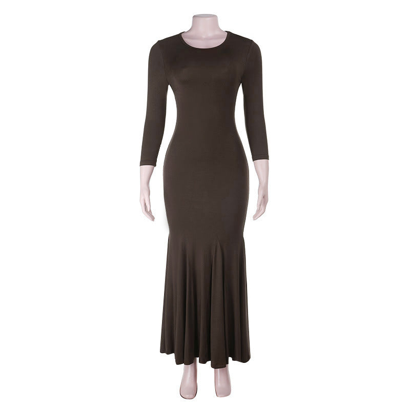 Damen figurbetontes Maxikleid mit Trompetensaum und Dreiviertelärmeln – Avérine