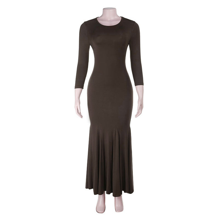 Damen figurbetontes Maxikleid mit Trompetensaum und Dreiviertelärmeln – Avérine