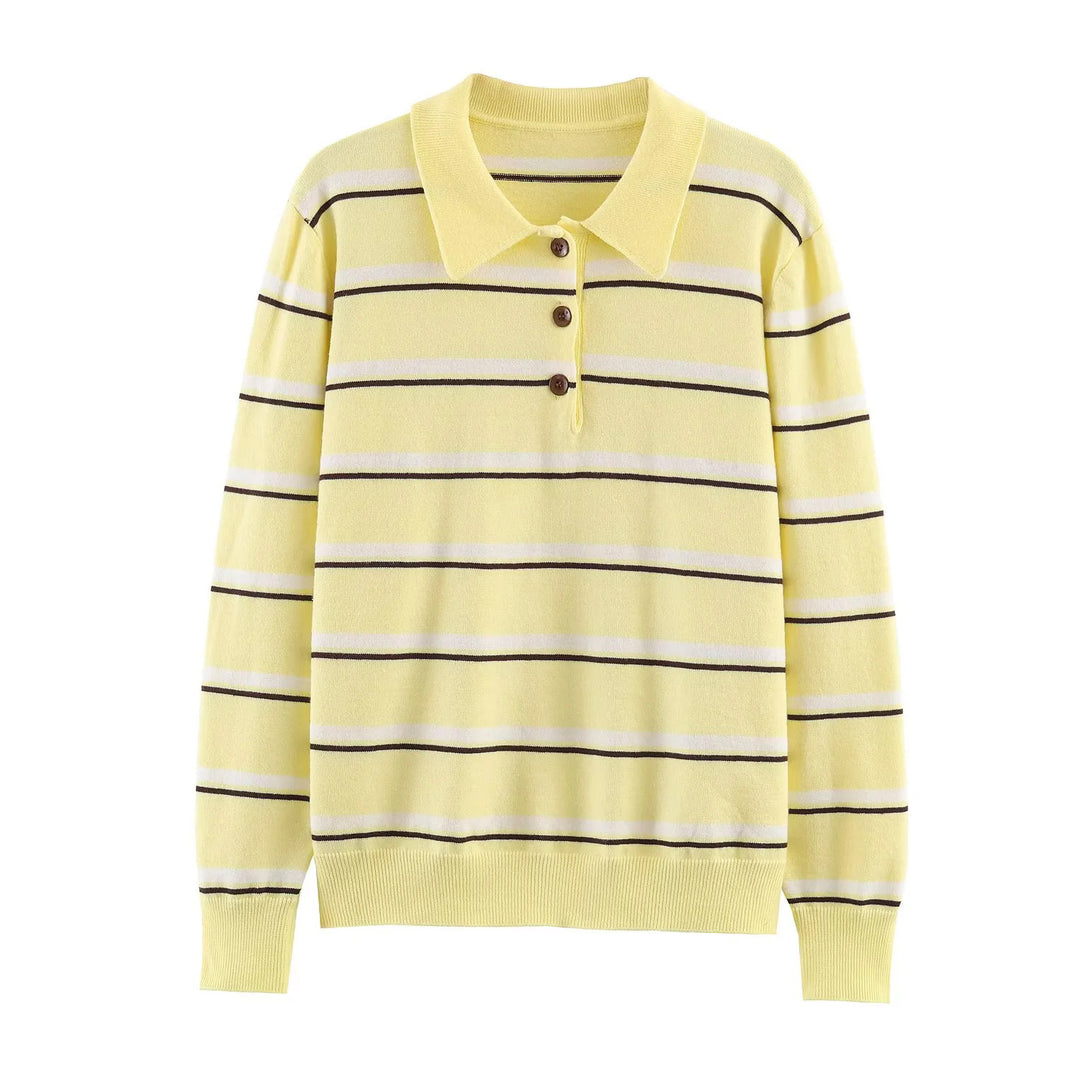 Damen gestreifter Poloshirt-Pullover mit Troyerkragen und dezenter Knopfleiste – Mavelle