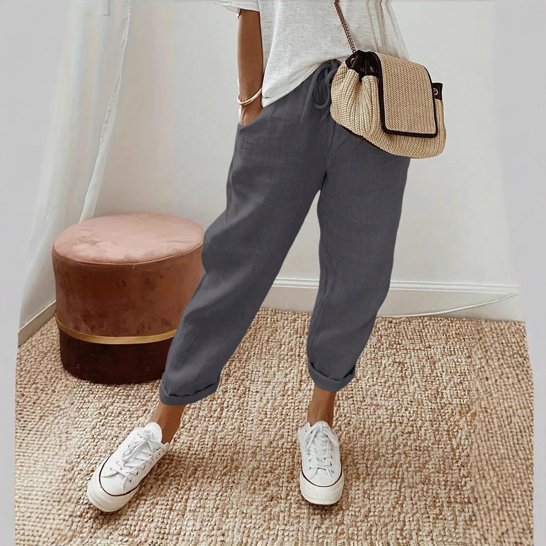 Damen Lässige Leinen-Hose mit elastischem Bund und praktischen Taschen Echoarchiv