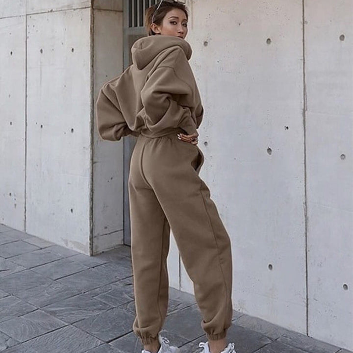 Damen kurzes Oversize-Kapuzenpullover-Set mit elastischer High-Waist-Jogginghose aus Baumwollfleece – Auréline